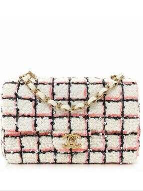 Chanel 24P Tweed Sequin Mini Rectangular Flap Bag Pink White GHW NIB